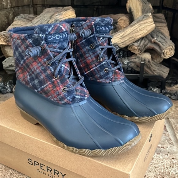 Brand New Sperry Saltwater Wool Plaid Duck Boot Waterproof Blue Winter Rain - Picture 4 of 15